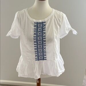White and Blue Peplum Blouse with Tie Front and Embellishments